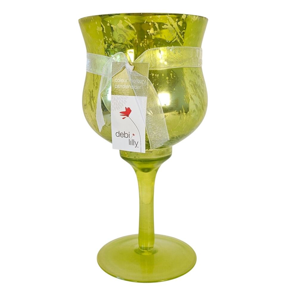 Mercury Glass Candle Holder Lime Green Chartreuse Pedestal Goblet Decor 9.5 In